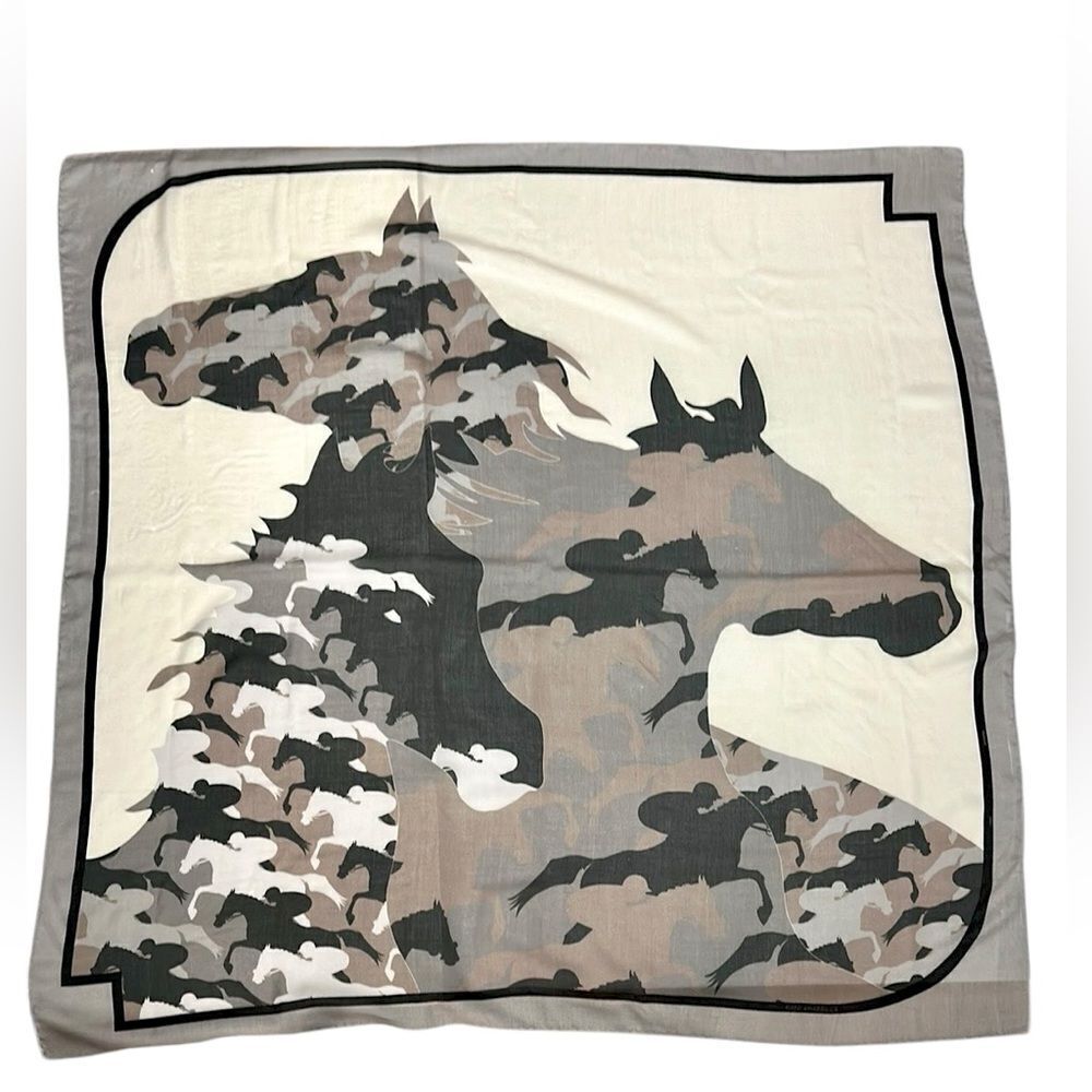RANI ARABELLA Horse Racing Scarf Shawl Beige Taupe Cashmere Silk Wool ITALY 51”